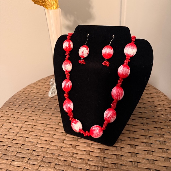 Jewelry - Vintage Red and White Beaded Necklace and Earring Set
